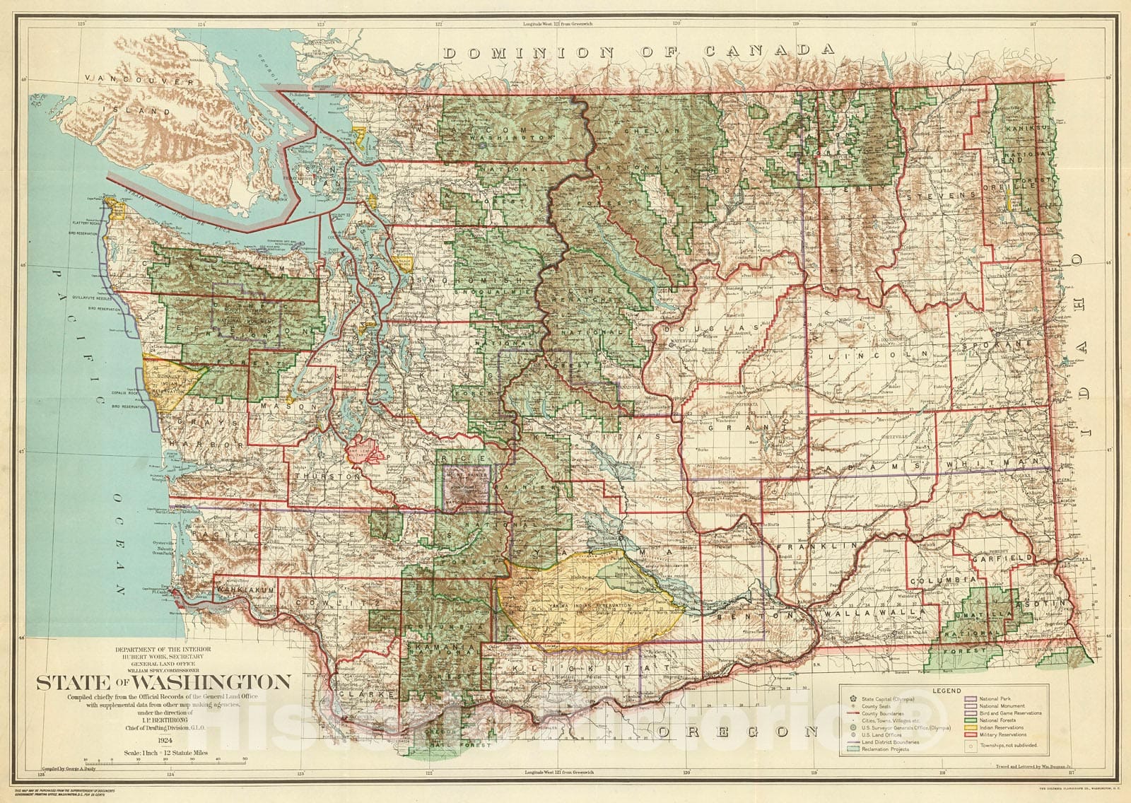 Historic Map : State of Washington. General Land Office., 1924, Vintage Wall Decor