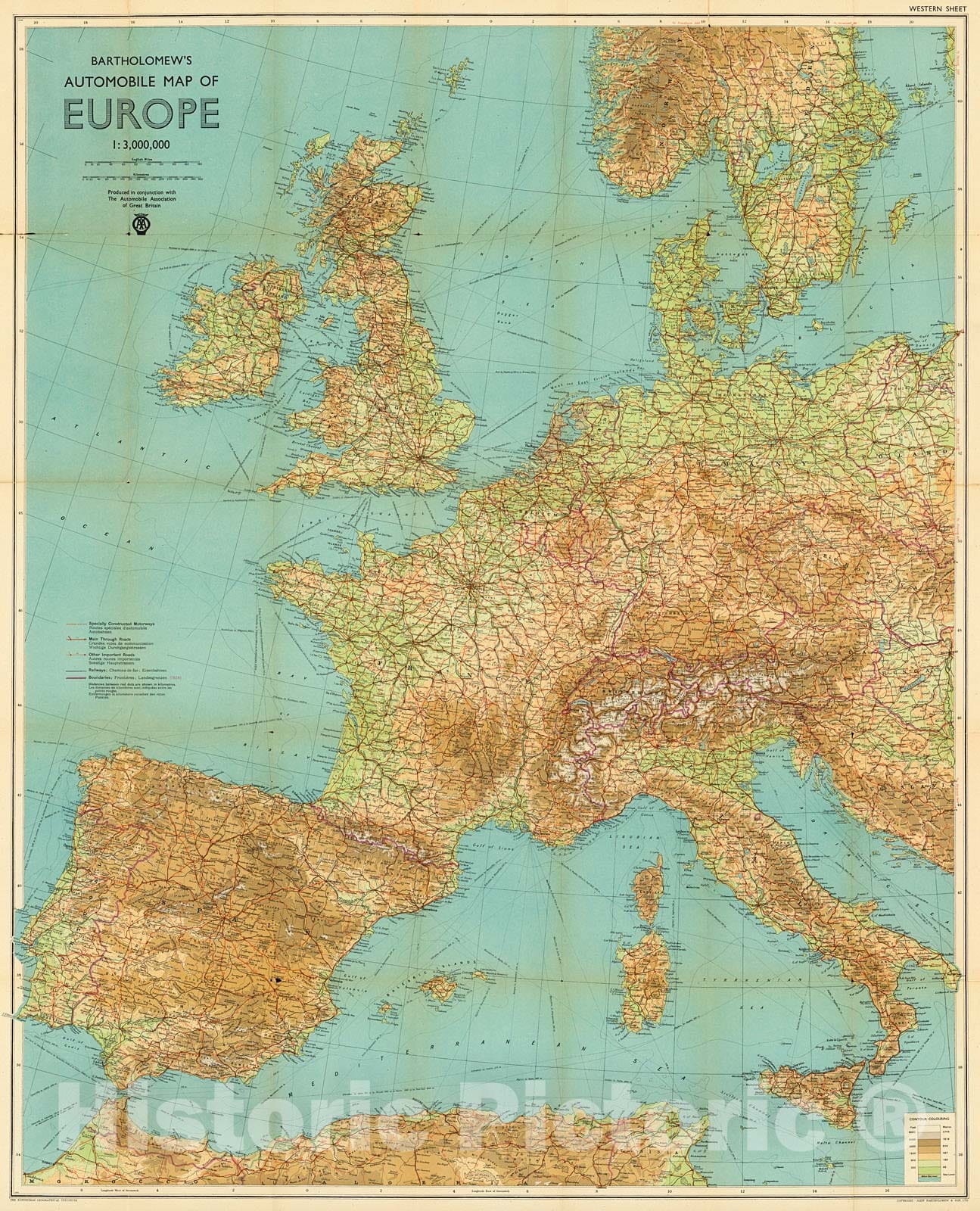 Historic Map : Bartholowmew's Automobile Map of Europe. Western Sheet., 1938, Vintage Wall Decor