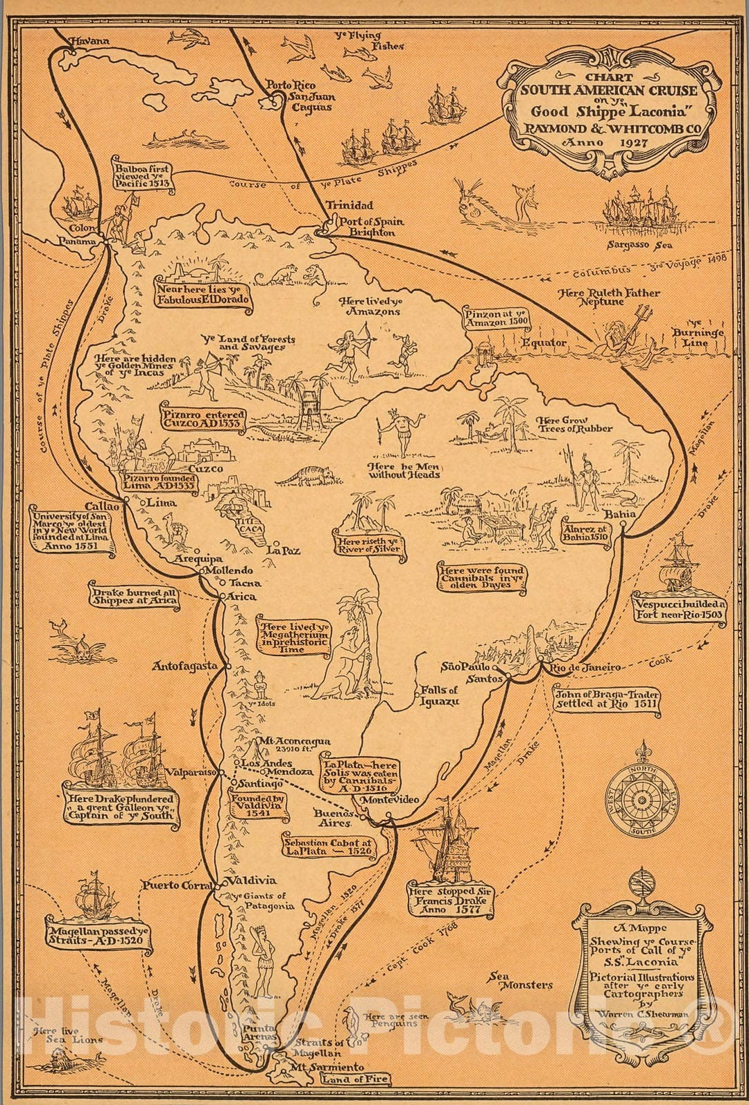 Historic Map : Chart South American Cruise on ye Good Shippe &#034;Laconia&#034;., 1927, Vintage Wall Decor