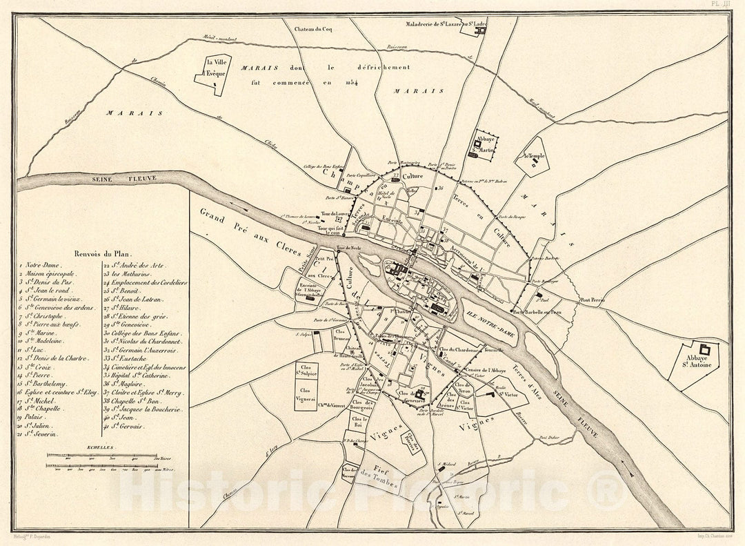 Historic Map : Pl. III. Paris de 1180 a 1223., 1900, Vintage Wall Decor