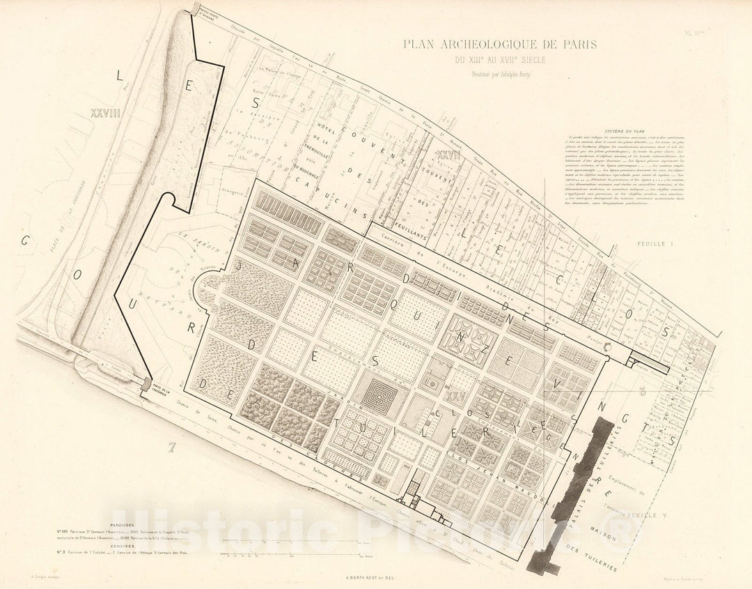 Historic Map : Pl. VI bis. Plan Archaeologique de Paris du XIIIe au XVIIe Siecle., 1900, Vintage Wall Decor