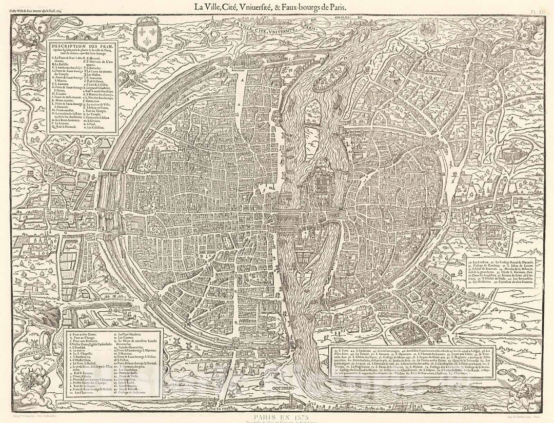 Historic Map : Pl. XII. Paris en 1575., 1900, Vintage Wall Decor