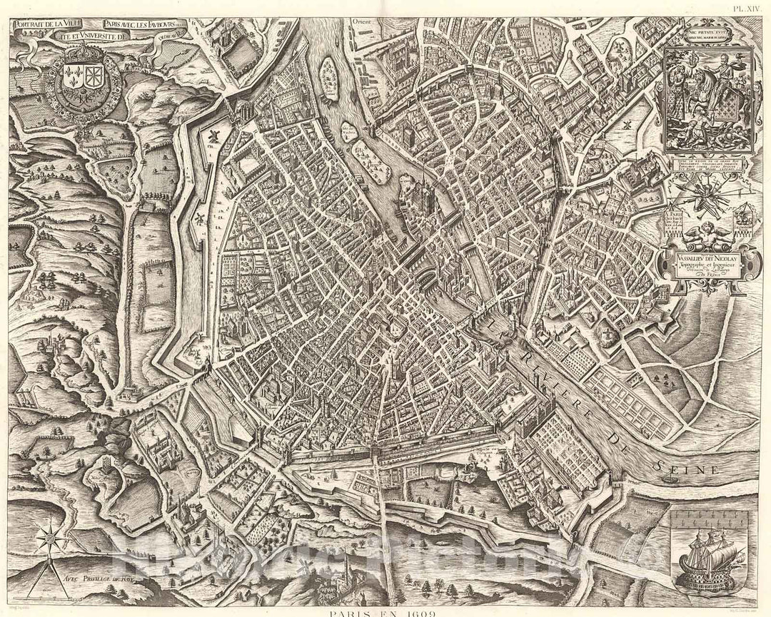 Historic Map : Pl. XIV. Paris in 1609., 1900, Vintage Wall Decor