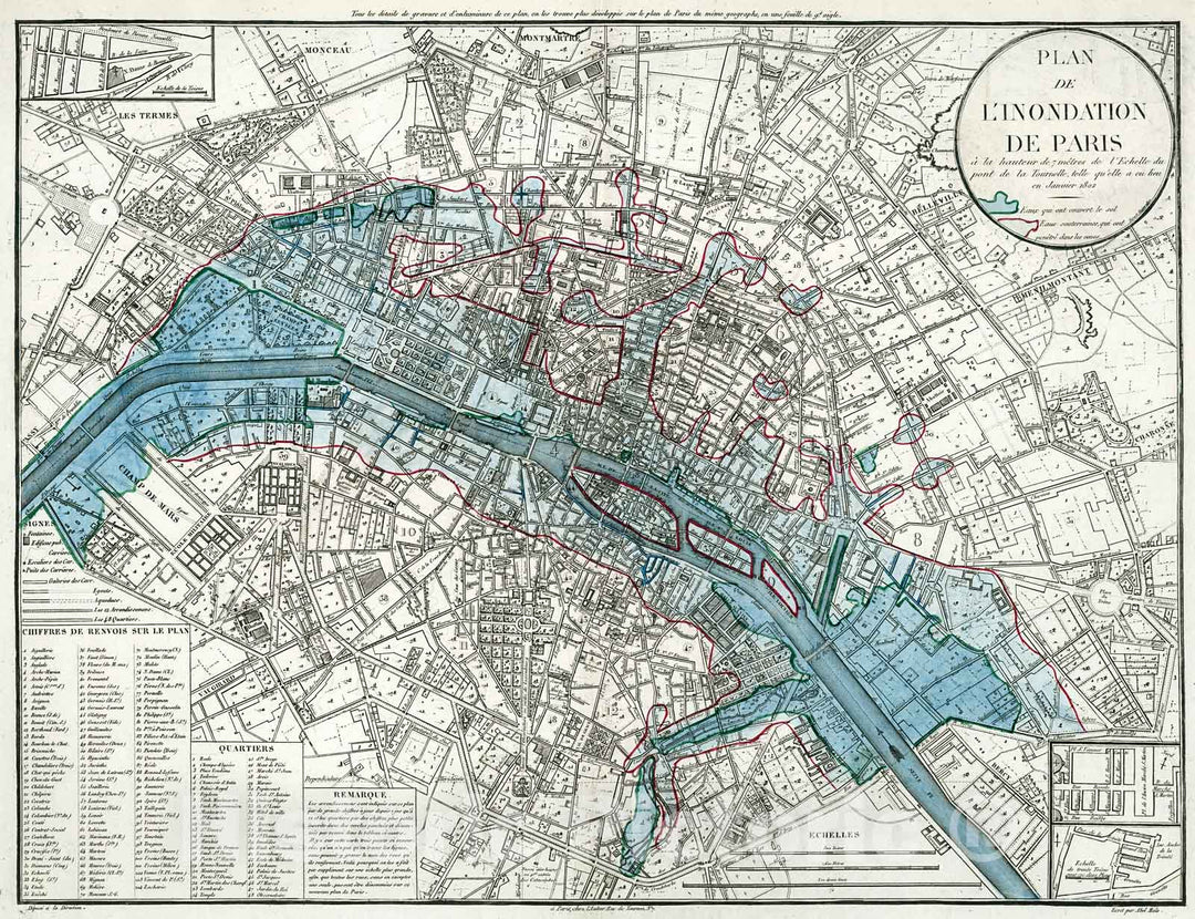 Historic Map : Plan de L'Inondation de Paris., 1821, Vintage Wall Decor