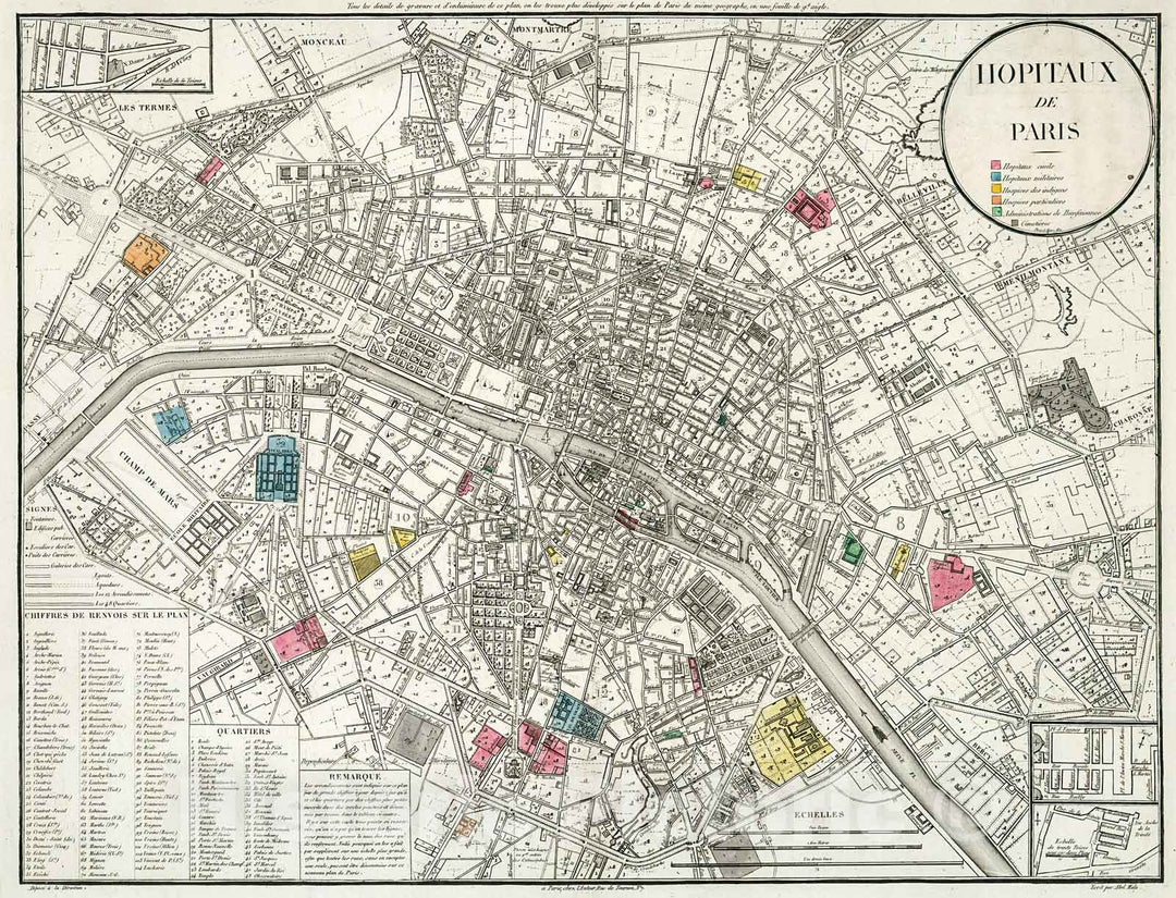 Historic Map : Hopitaux de Paris., 1821, Vintage Wall Decor