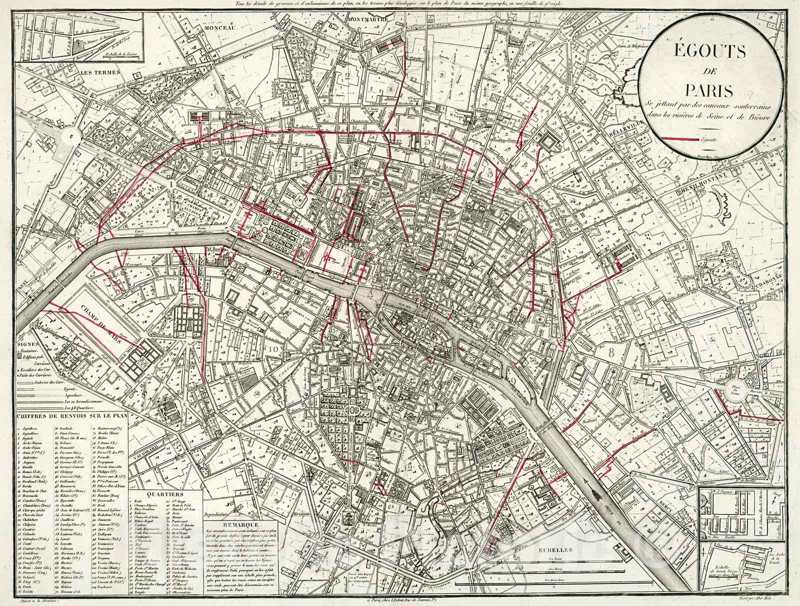 Historic Map : Egouts de Paris., 1821, Vintage Wall Decor