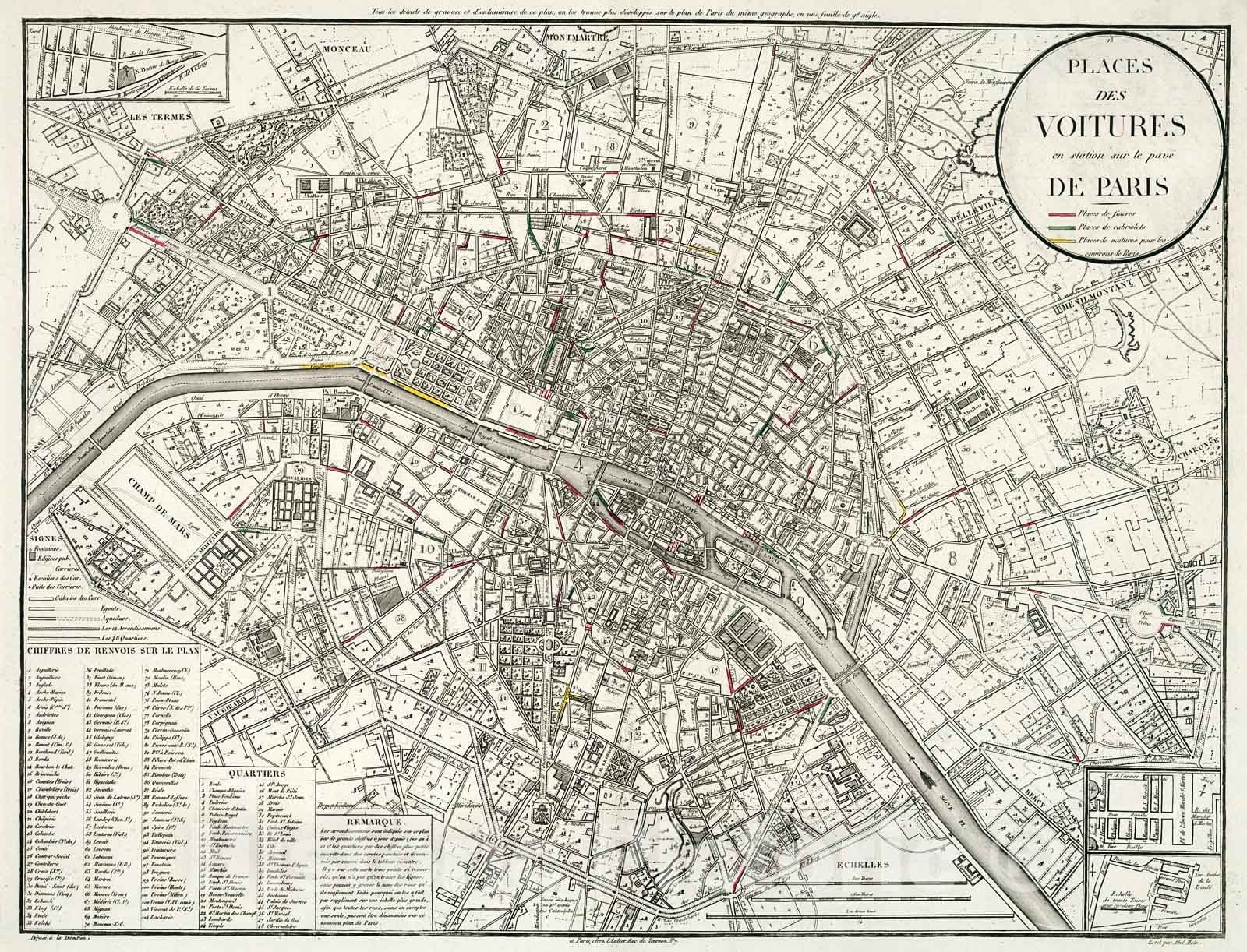 Historic Map : Places des Voitures en station sur la pave de Paris., 1821, Vintage Wall Decor