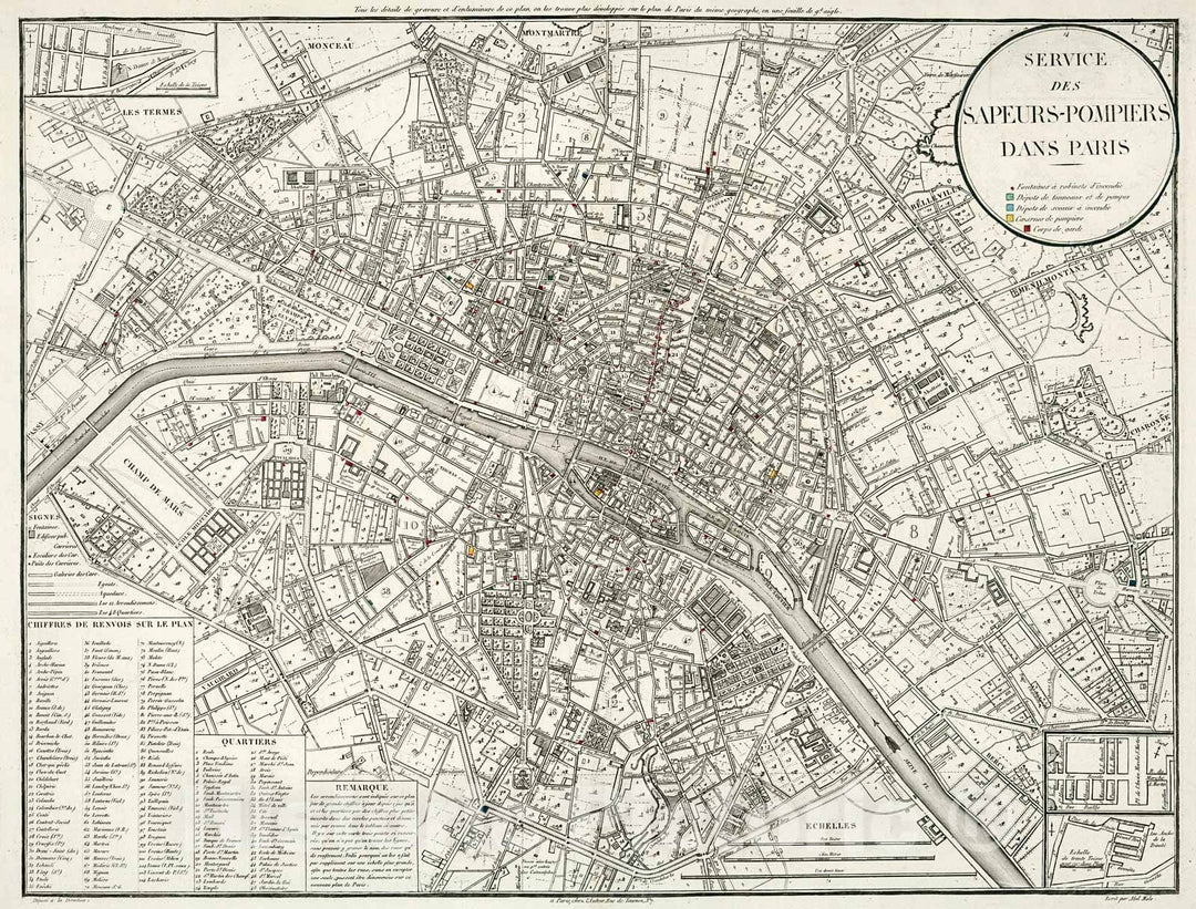 Historic Map : Service des Sapeurs-Pompiers dans Paris., 1821, Vintage Wall Decor