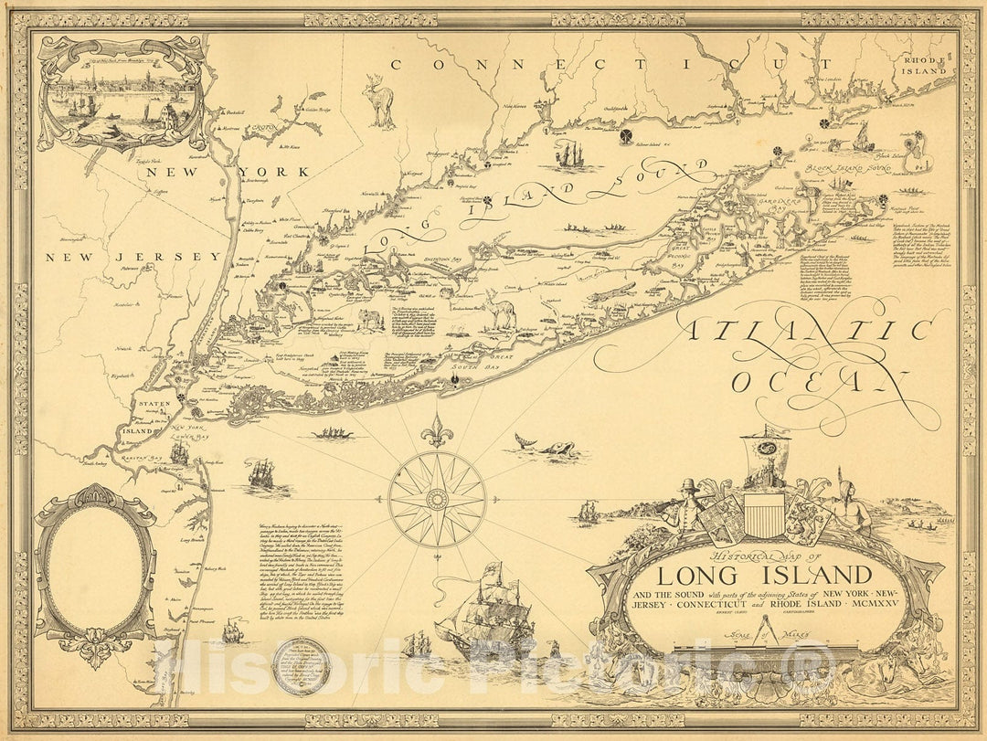 Historic Map : Historical Map of Long Island and the Sound., 1925, Vintage Wall Decor