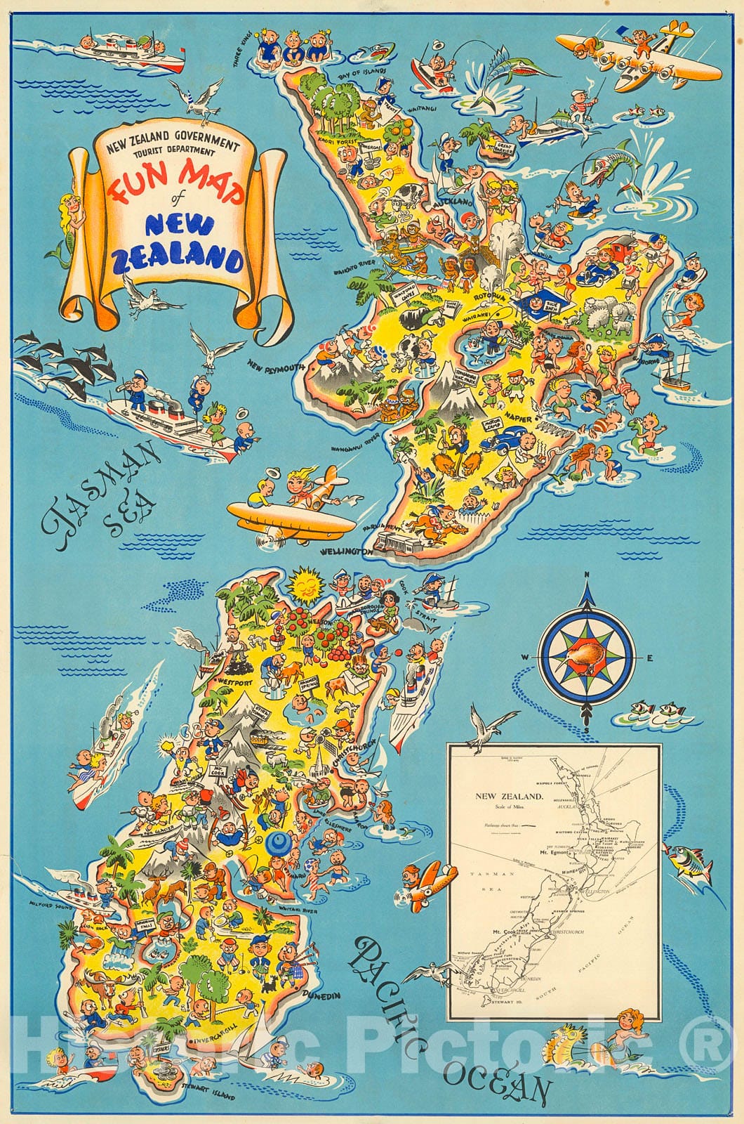 Historic Map : Fun Map of New Zealand., 1938, Vintage Wall Decor