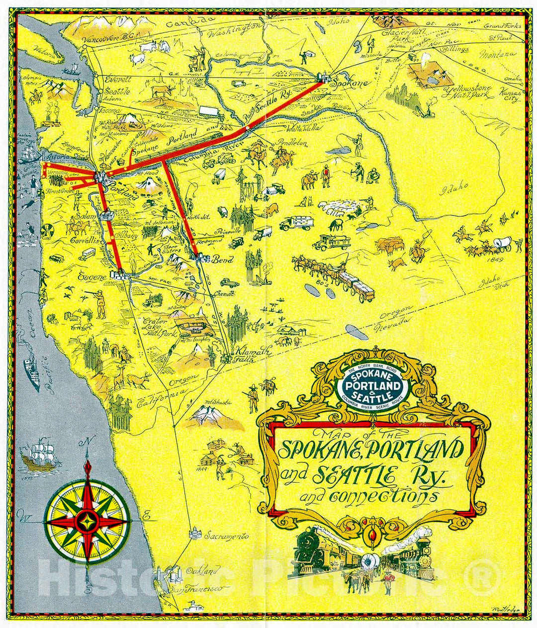 Historic Map : Map of the Spokane, Portland and Seattle Ry. and Connections., 1917, Vintage Wall Decor