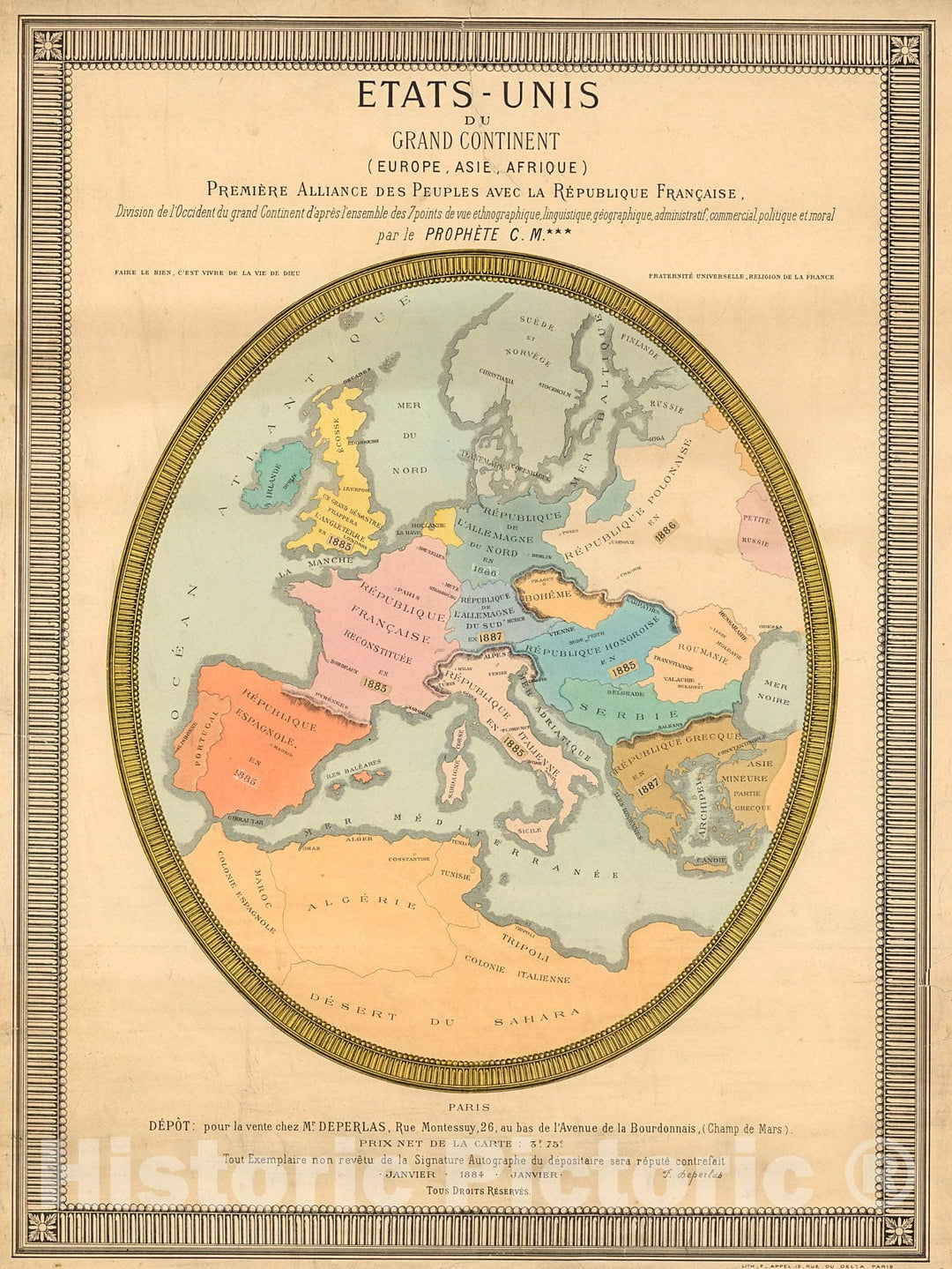 Historic Map : Etats-Unis du Grand Continent (Europe, Asie, Afrique)., 1884, Vintage Wall Decor