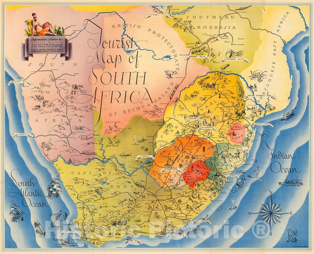 Historic Map : Tourist Map of South Africa., 1937, Vintage Wall Decor