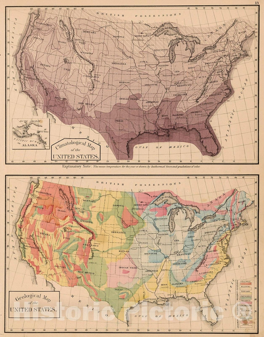 Historic Map : Climatological and Geological Maps of the United States., 1876, Vintage Wall Decor