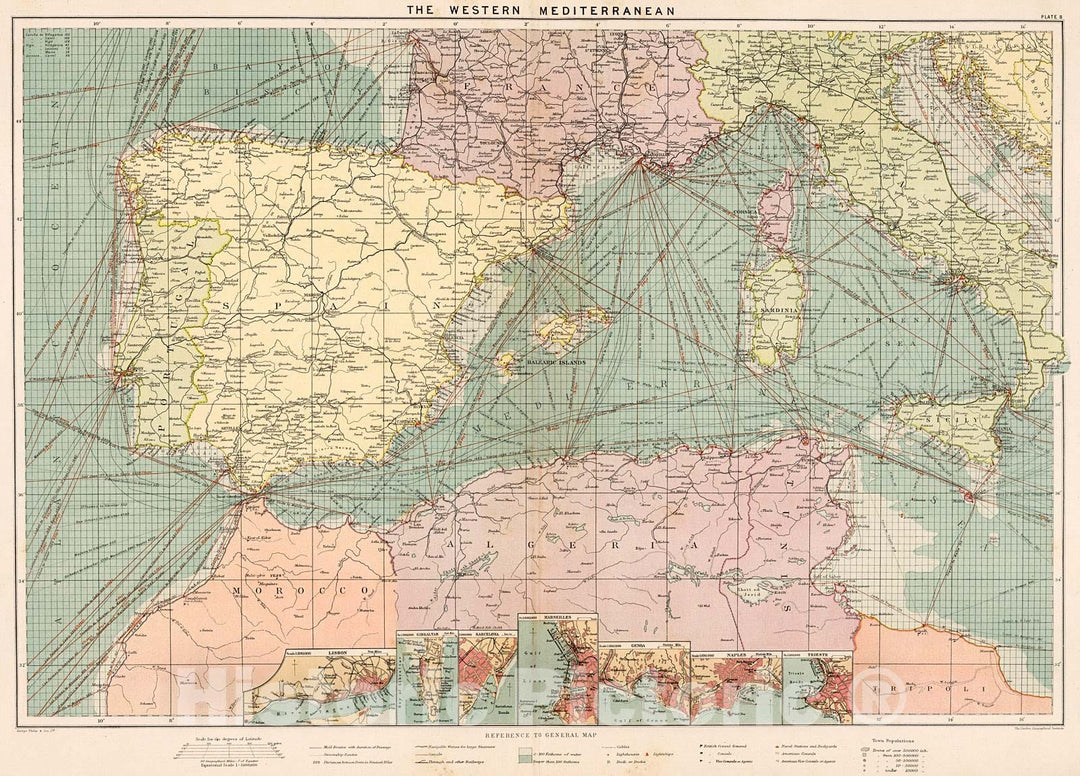 Historic Map : The Western Mediterranean, 1905, Vintage Wall Decor