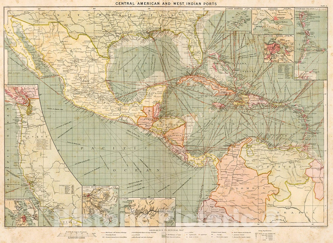 Historic Map : Central American and West Indian ports, 1905, Vintage Wall Decor