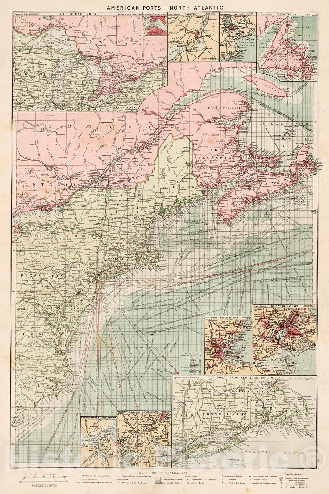 Historic Map : American ports - north Atlantic, 1905, Vintage Wall Decor