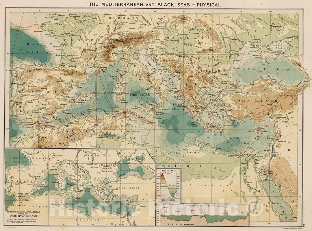 Historic Map : The Mediterranean and Black Seas - Physical, 1905, Vintage Wall Decor