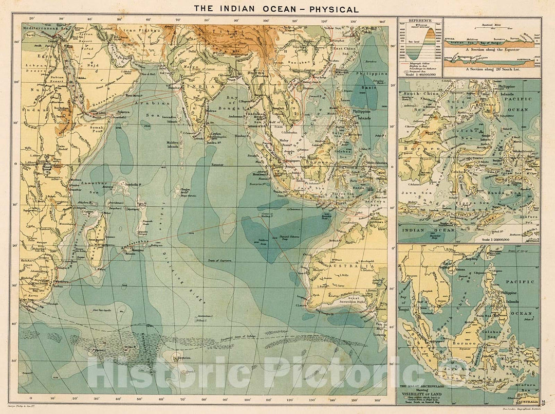 Historic Map : The Indian Ocean - Physical, 1905, Vintage Wall Decor