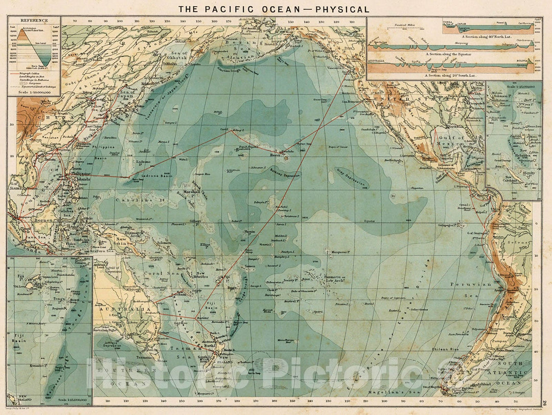 Historic Map : The Pacific Ocean - Physical, 1905, Vintage Wall Decor