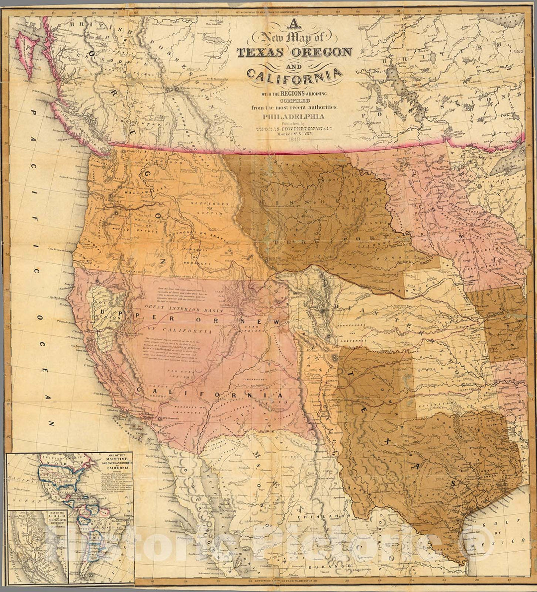 Historic Map : A New Map of Texas Oregon and California With The Regions Adjoining., 1849, Vintage Wall Decor