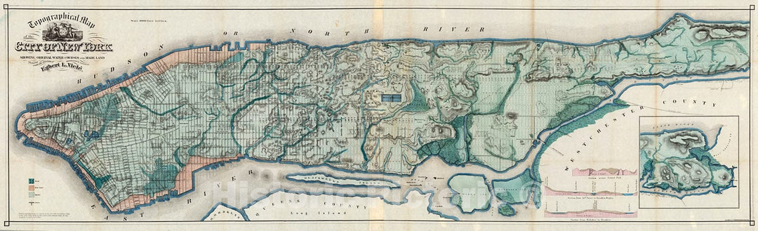 Historic Map : Topographical Map of the City of New York. Showing Original Water Courses and Made Land., 1865, Vintage Wall Decor