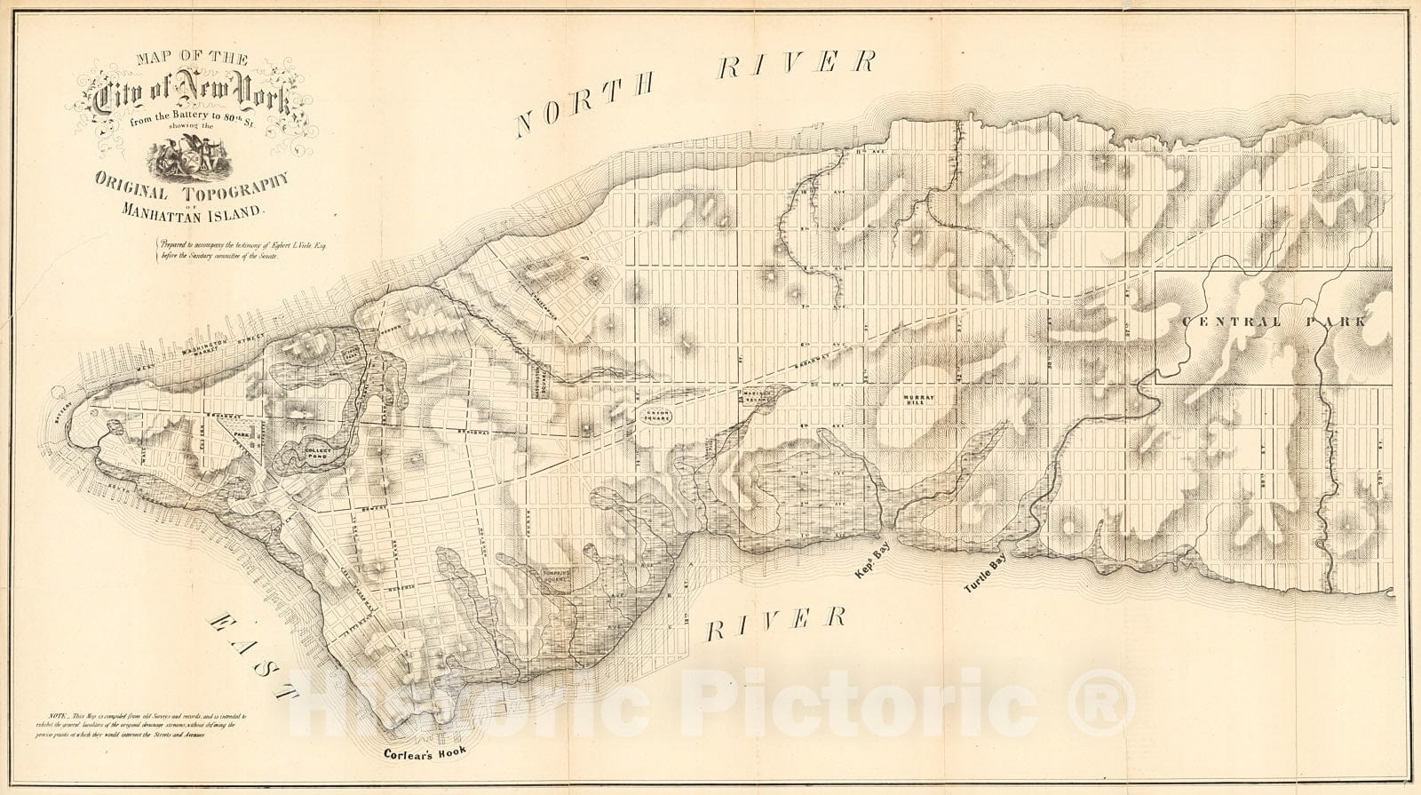 Historic Map : Map of the City of New York from the Battery to 80th St. showing the Original Topography of Manhattan Island., 1859, Vintage Wall Decor