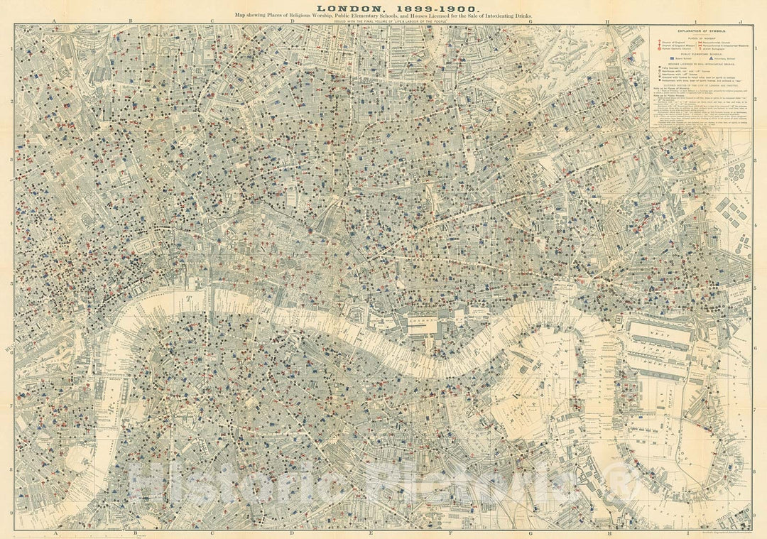 Historic Map : London,. showing Places of Religious Worship, Public Schools, and Houses Licensed for the Sale of Intoxicating Drinks., 1903, Vintage Wall Decor