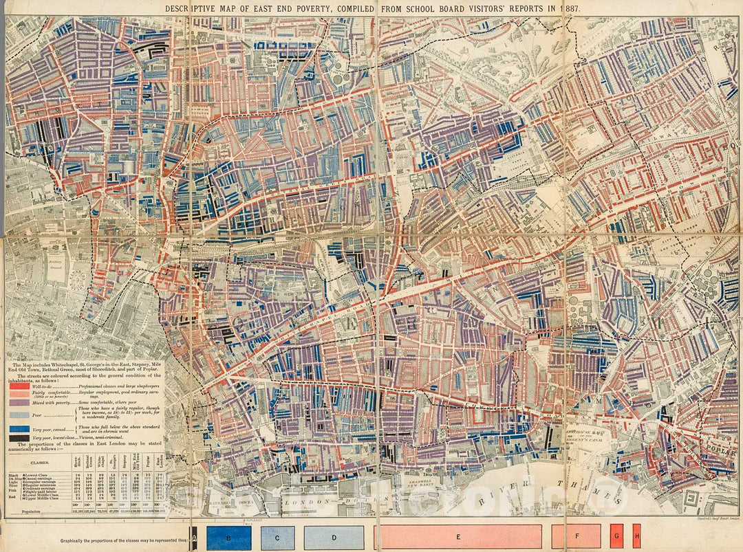 Historic Map : Descriptive Map of London Poverty, Compiled From School Board Visitors' Reports in 1887., 1889, Vintage Wall Decor