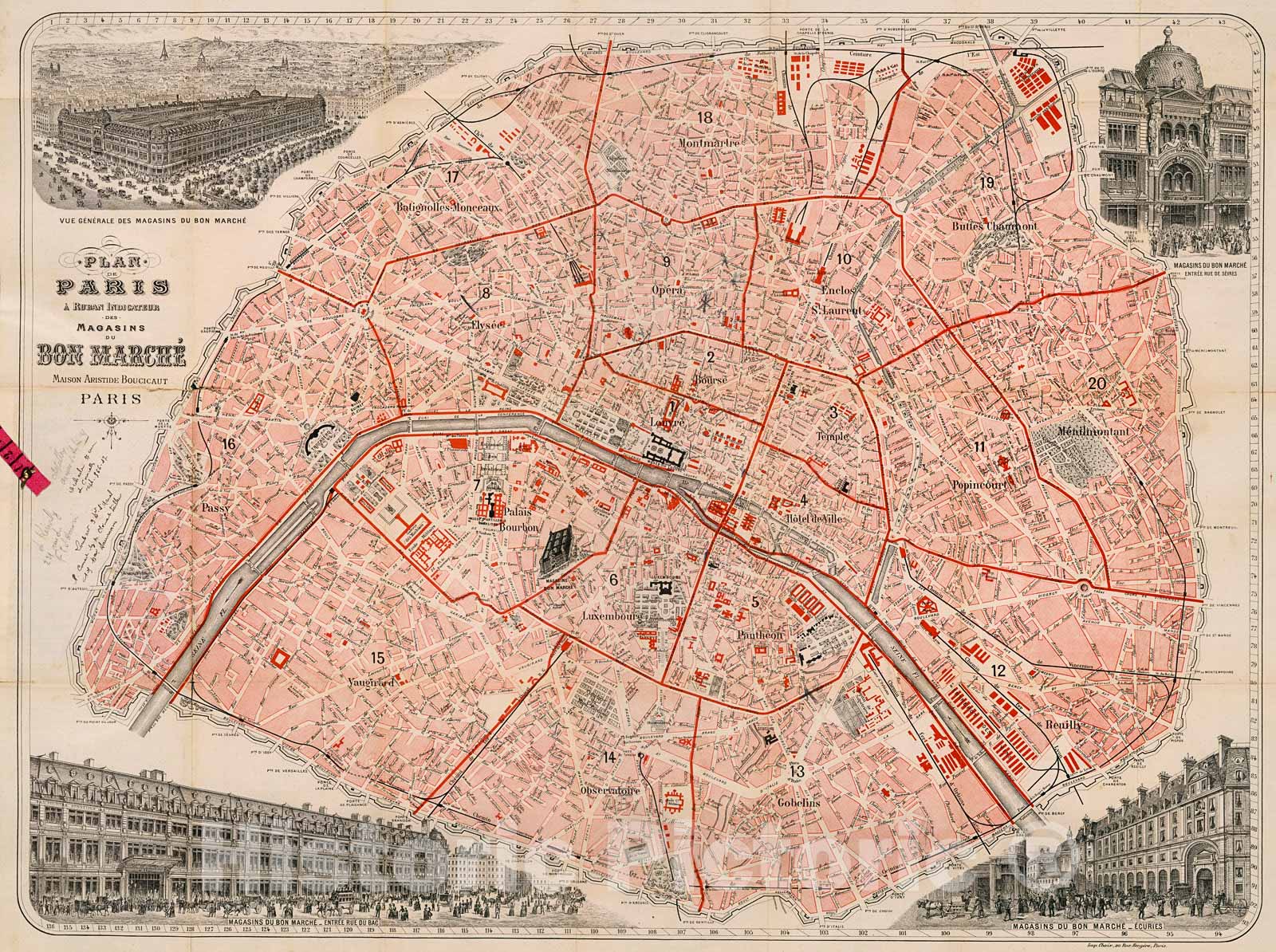 Historic Map : Plan de Paris a? ruban indicateur des magasins du Bon-Marche?, 1892, Vintage Wall Decor