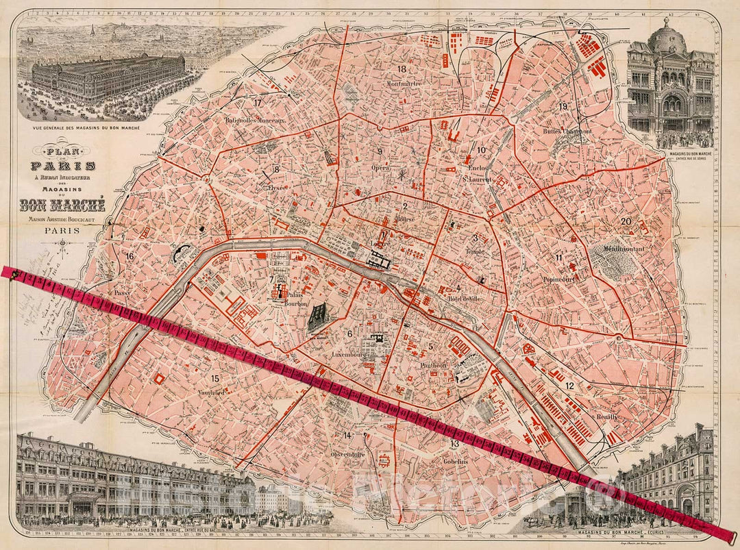 Historic Map : Plan de Paris a? ruban indicateur des magasins du Bon-Marche? (with ribbon), 1892, Vintage Wall Decor