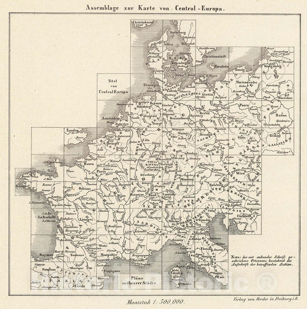 Historic Map : Index Page: Assemblage zur Karte von Central - Europe. Masstab 1:500,000, 1850, Vintage Wall Decor