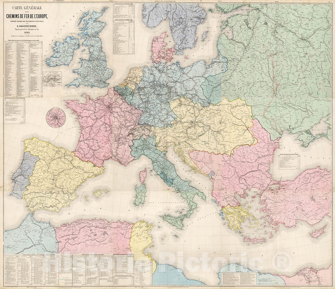 Historic Map : Feuille 1-9. Carte generale des chemins de fer de l' Europe, 1863, Vintage Wall Decor