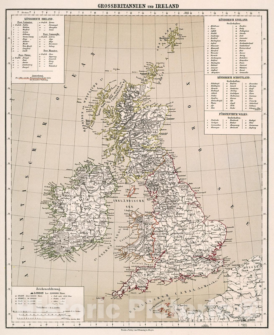 Historic Map : Grossbritannien und Ireland, 1875, Vintage Wall Decor