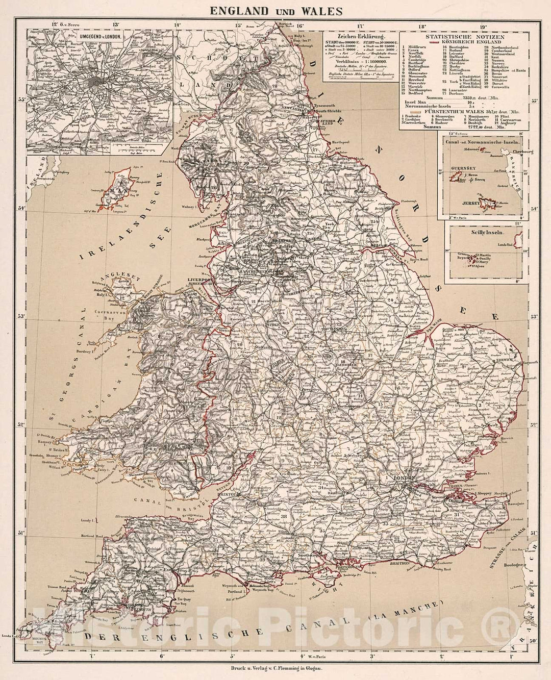 Historic Map : England und Wales, 1875, Vintage Wall Decor