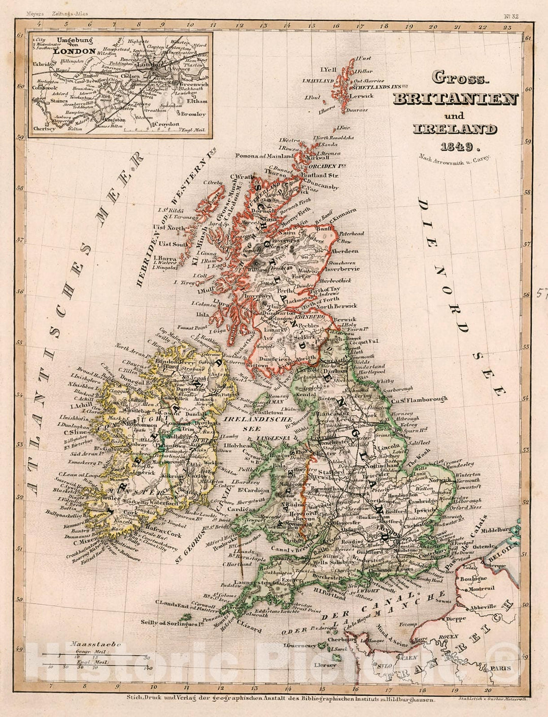 Historic Map : Gross-Britanien und Ireland 1849, 1852, Vintage Wall Decor