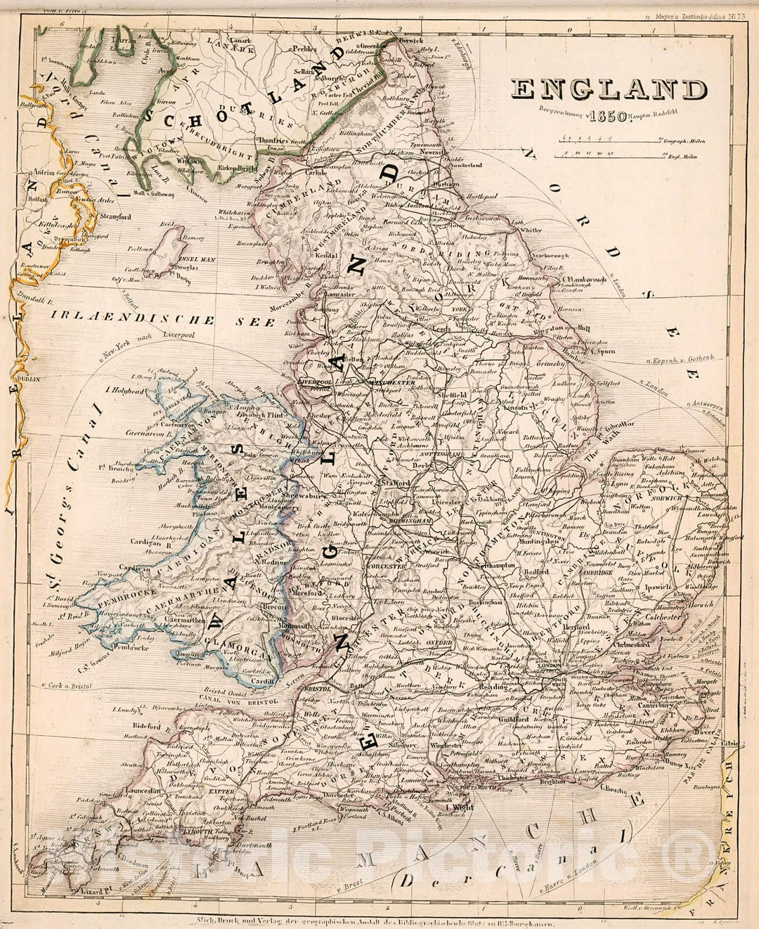 Historic Map : England 1850, 1852, Vintage Wall Decor