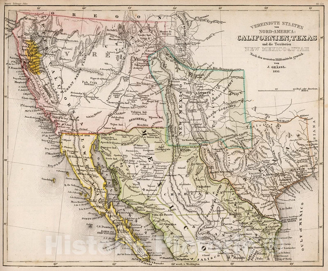 Historic Map : Vereinigte Staaten von Nord-America: Californien, Texas und die Territorien New Mexico u. Utah, 1852, 1852, Joseph Meyer, Vintage Wall Art