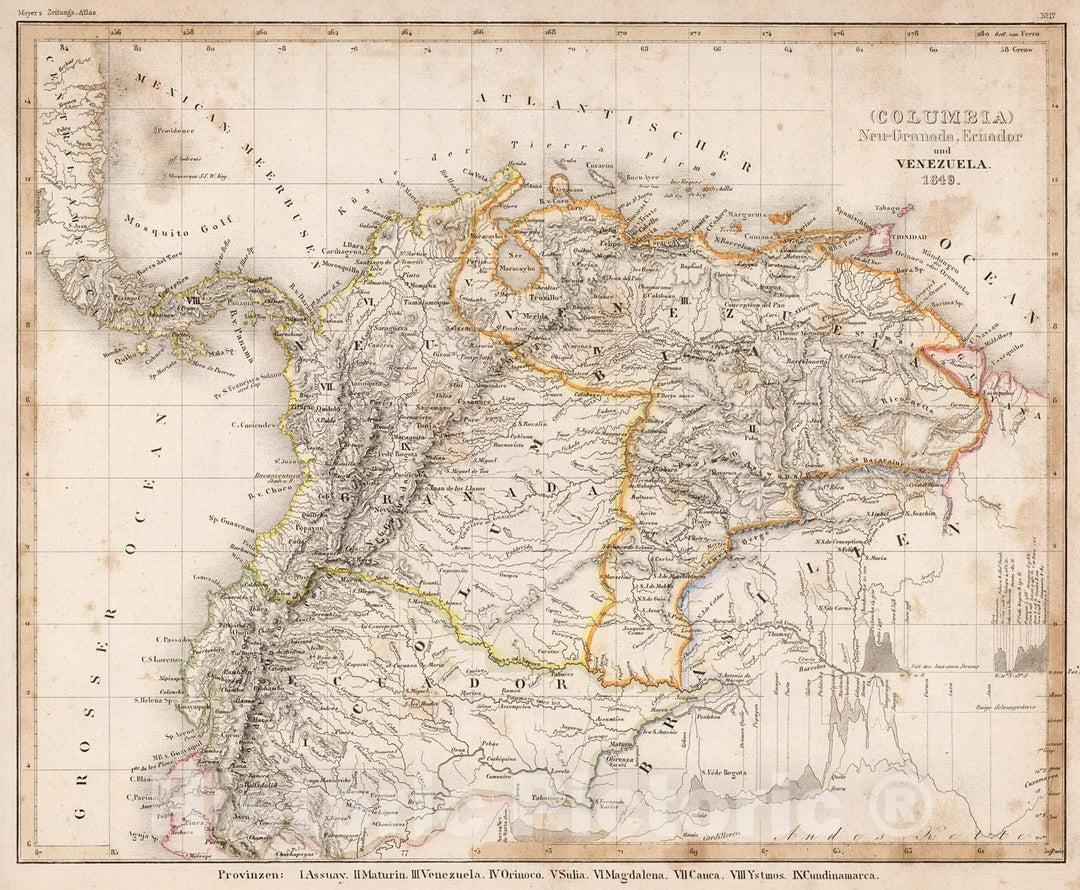 Historic Map : Columbia : Neu-Granada, Ecuador und Venezuela 1849, 1852, Vintage Wall Decor