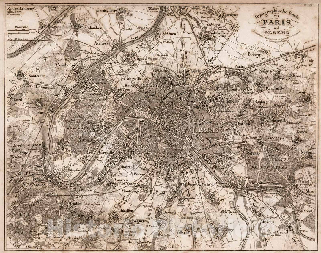 Historic Map : Topographische Karte von Paris und Gegend, 1852, Vintage Wall Decor