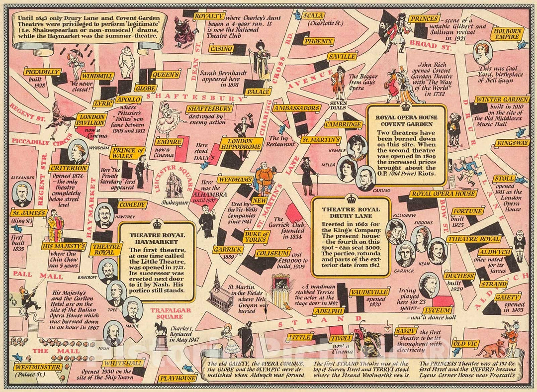 Historic Map : Mr. Rich In the Character of Harlequin Introducing A map of The London Theatres, 1948, Vintage Wall Decor