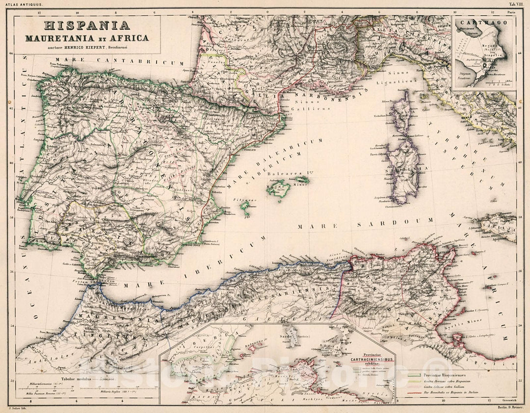 Historic Map : Tab. VIII. Hispania, Mauretania et Africa, 1861, Vintage Wall Decor