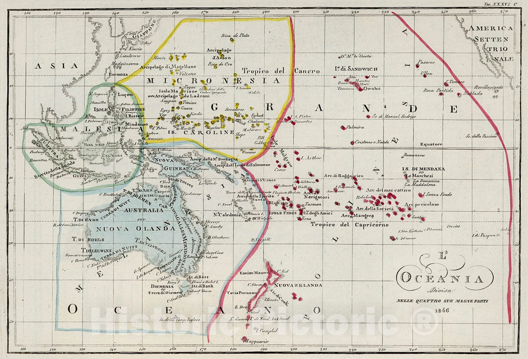 Historic Map : L'Oceania :? Divisa nelle quattro sue magne parti, 1842, Vintage Wall Decor