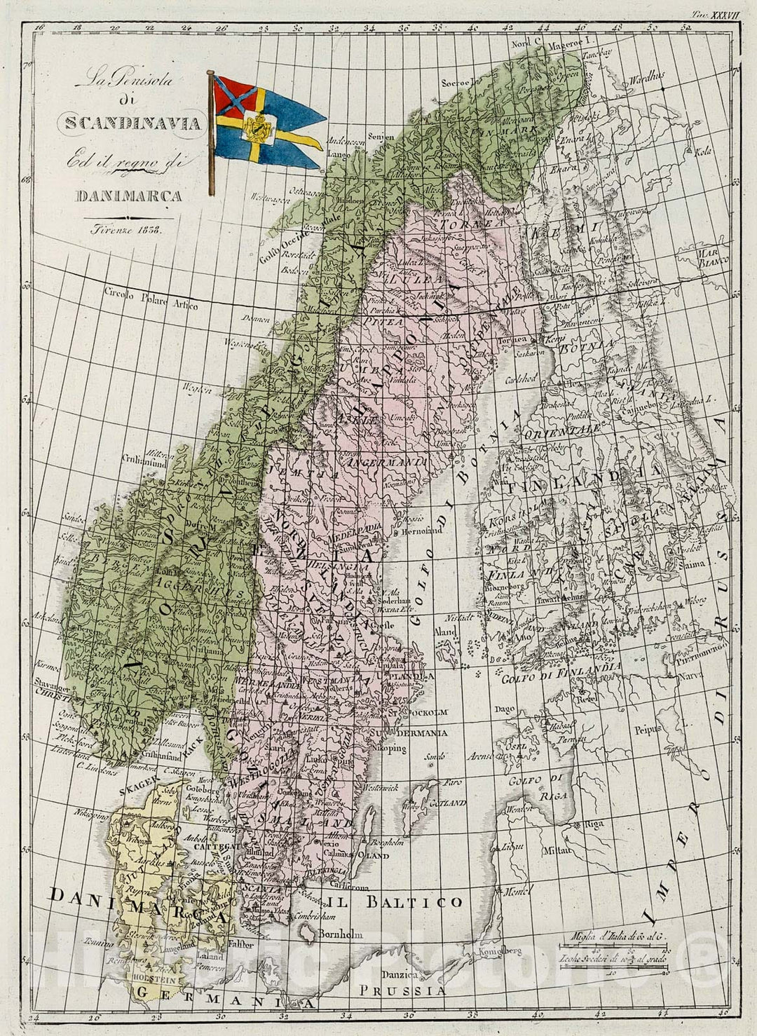 Historic Map : La Penisola di Scandinavia Ed il regno di Danimarca, 1842, Vintage Wall Decor