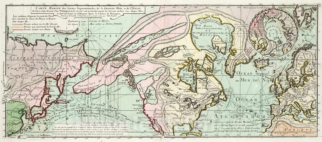 Historic Map : Carte marine des parties septentrionales de la Grande Mer, et de l'ocean, 1752, Vintage Wall Decor