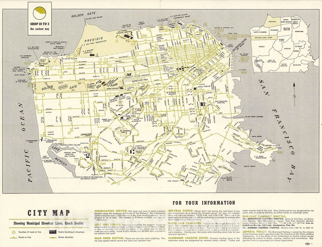 Historic Map : City map, showing municipal streetcar lines, coach routes : (San Francisco), 1957, Vintage Wall Decor