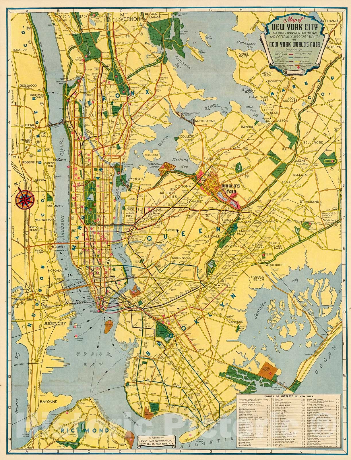 Historic Map : Map of New York City : showing Transportation lines and officially approved routes to New York World's Fair, 1939, Vintage Wall Decor