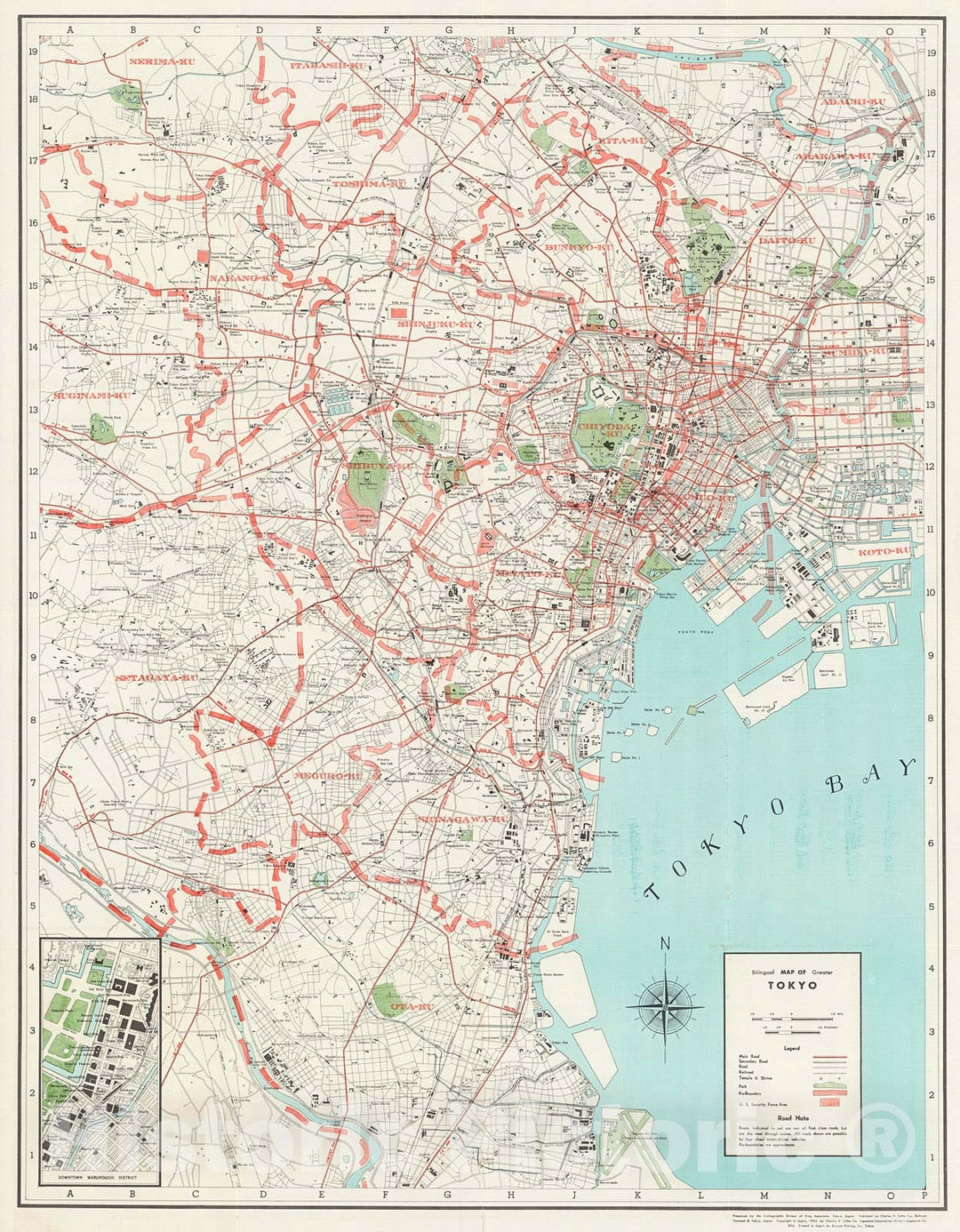 Historic Map : Bilingual map of Greater Tokyo, 1954, Vintage Wall Decor