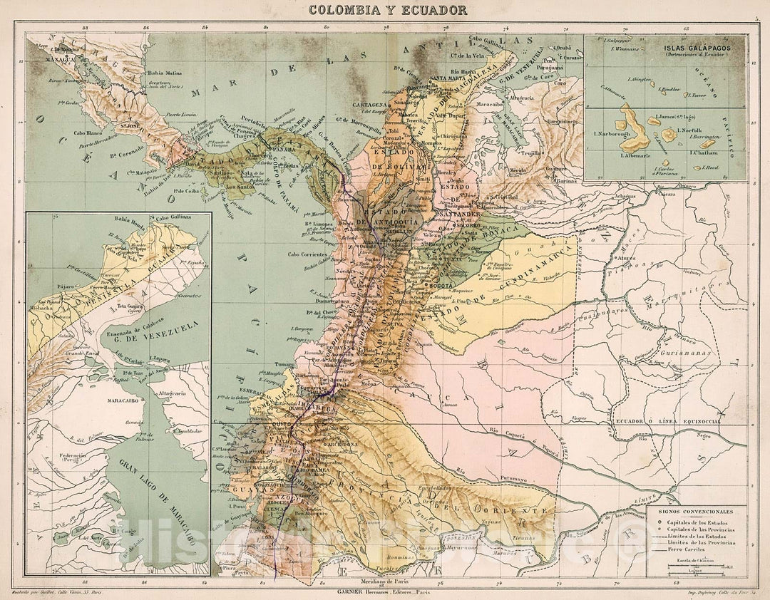 Historic Map : Colombia y Ecuador, 1885, Vintage Wall Decor