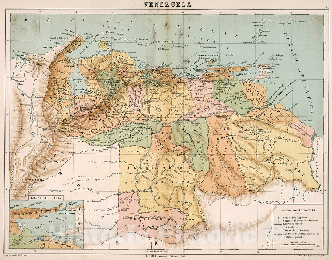 Historic Map : Venezuela, 1885, Vintage Wall Decor